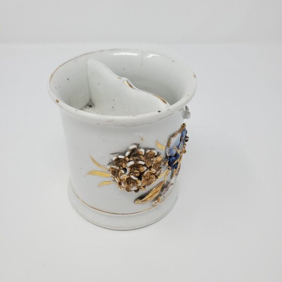 Antique German Porcelain Victorian Shaving Mug Raised Gold Flowers Cobalt Leaves - Picture 2 of 7